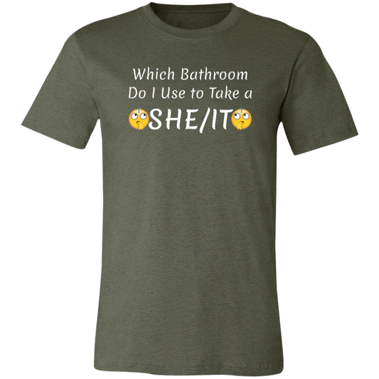 Which Bathroom... Jersey Short-Sleeve T-Shirt - T-Shirts Heather Military Green / X-Small Real Domain Streetwear Real Domain Streetwear