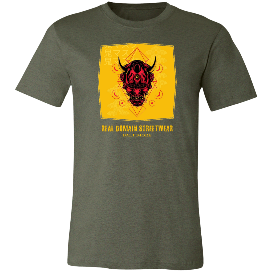 Hannya Mask Style Jersey Short-Sleeve T-Shirt - T-Shirts Heather Military Green / M Real Domain Streetwear Real Domain Streetwear