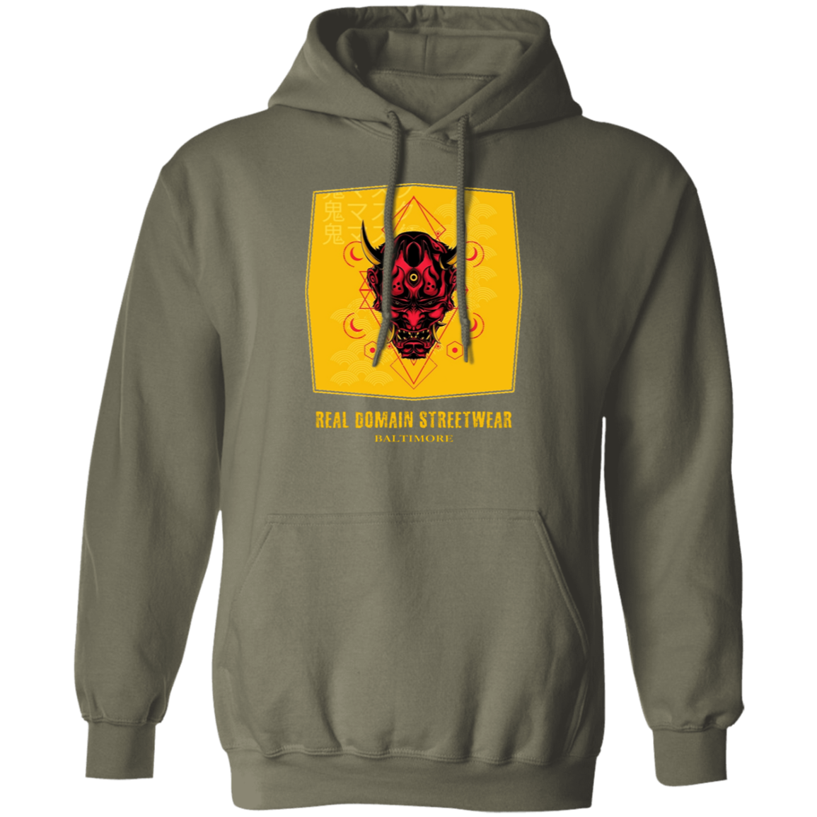 Hannya Mask Style Pullover Hoodie - Hoodies Military Green / M Real Domain Streetwear Real Domain Streetwear