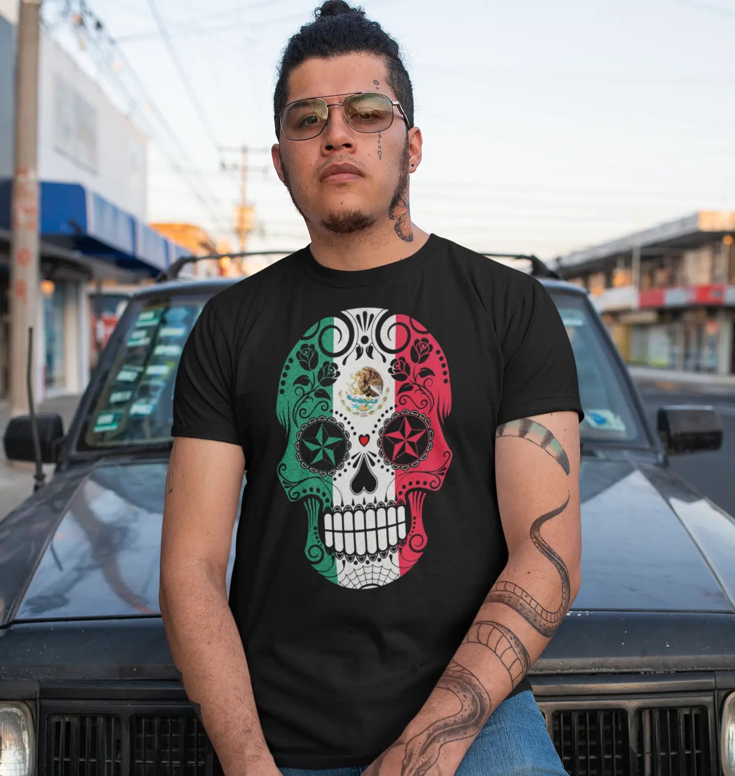 Mexico Sugar Skull Jersey Short-Sleeve T-Shirt - T-Shirts Black / S Real Domain Streetwear Real Domain Streetwear