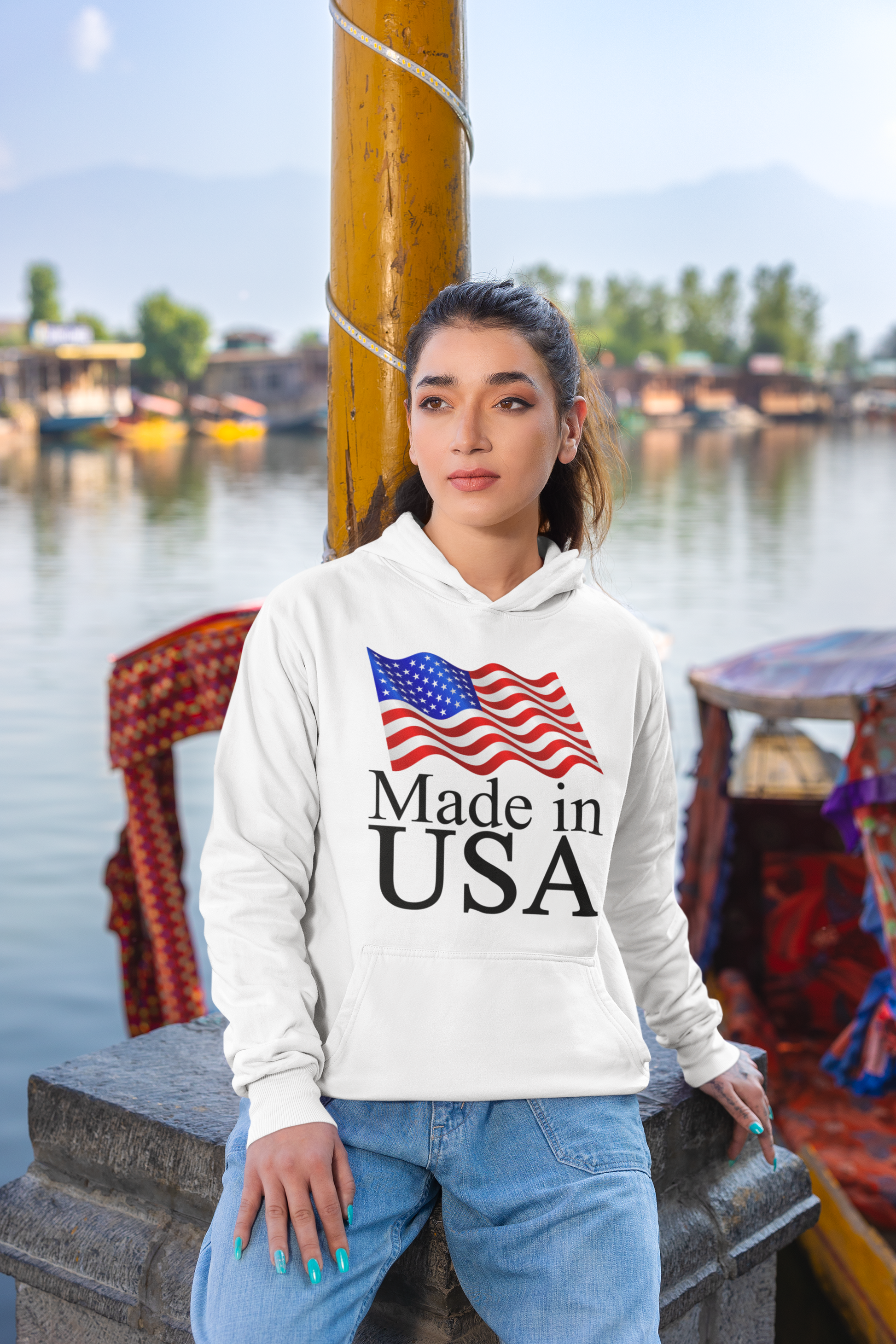Made in USA American Flag Pullover Hoodie - Hoodies White / M Real Domain Streetwear Real Domain Streetwear